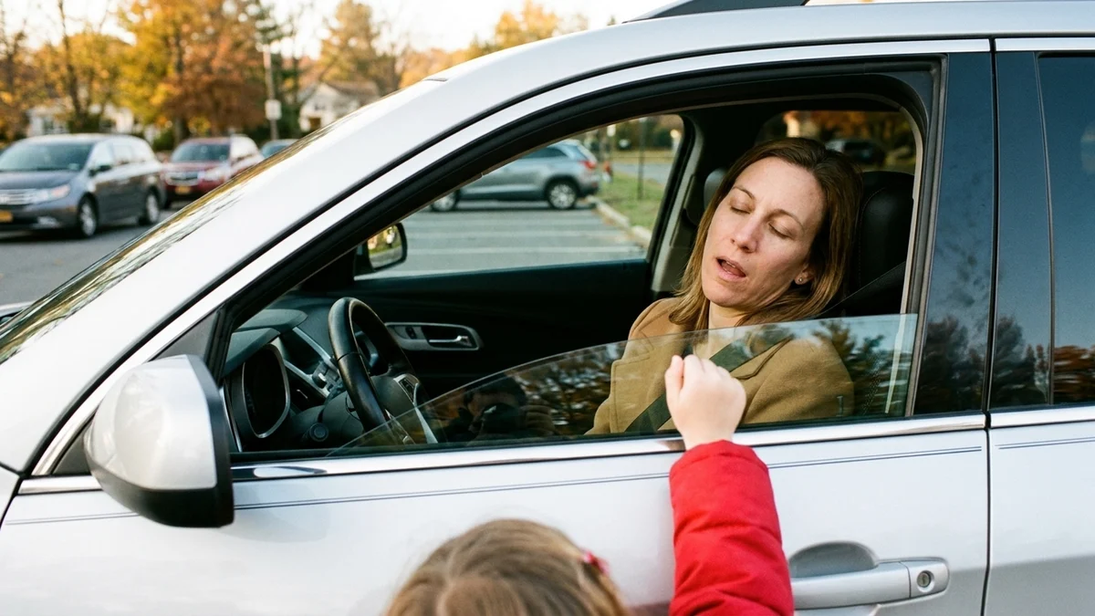 Sarah asleep at the wheel in the school pickup line while her daughter knocks on the car window