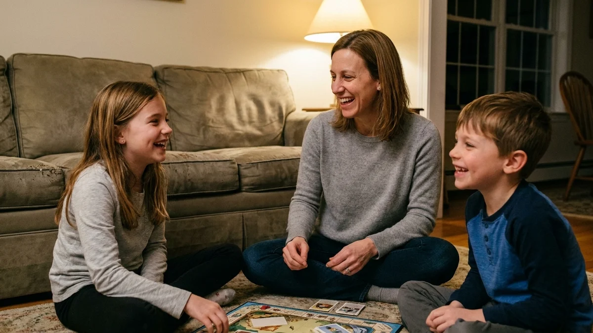 Sarah playing a board game with her two kids in the living room in the evening