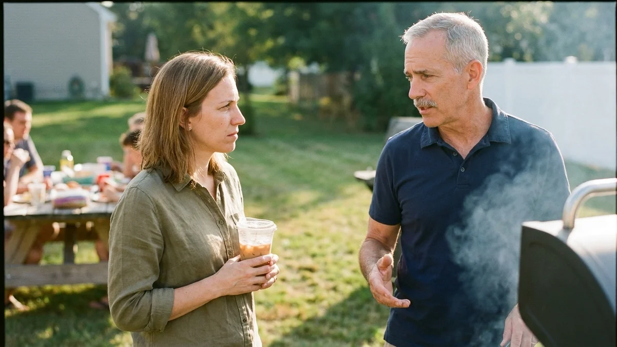 Sarah listening to her brother-in-law Mike, a retired Air Force pilot, at a backyard barbecue