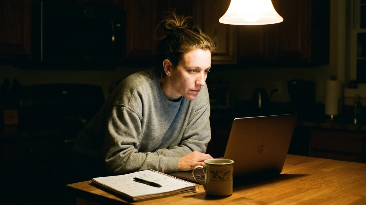 Sarah reading research on her laptop at the kitchen table late at night