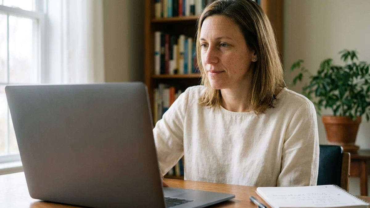 Sarah on a video consult with a clinician at her desk, notebook beside her
