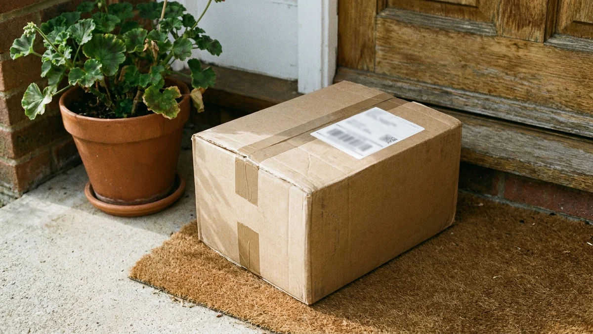 A sealed tracked parcel waiting on the front porch doormat