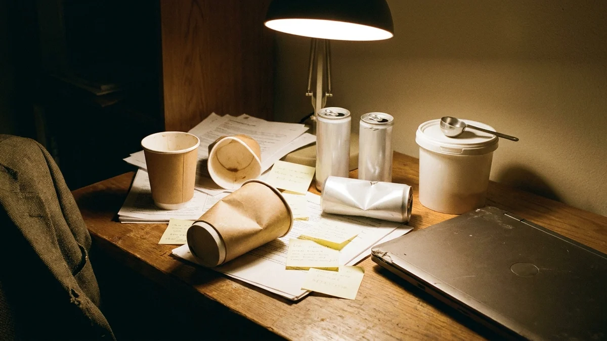 A desk crowded with empty coffee cups, energy drink cans and a pre-workout tub