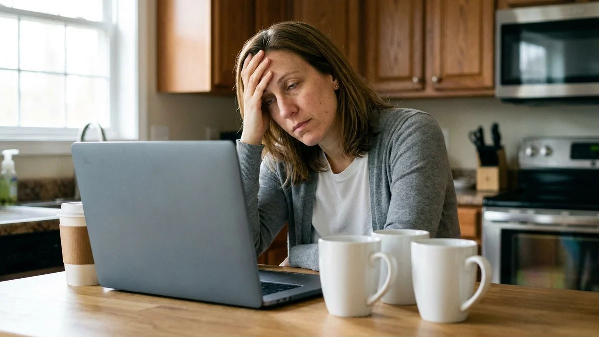 Sarah exhausted at her kitchen counter in the afternoon beside three empty coffee mugs